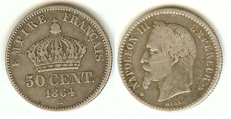 50 centimes Napoléon III, tête laurée 1864BB Strasbourg TB+ à TT
